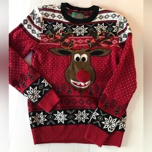 Ugly Christmas Sweater Reindeer With Puffy 3D Nose Pullover Sweater